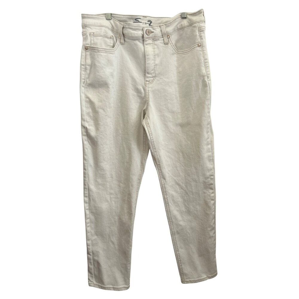 Seven7 Ivory Colored Slim Straight High Rise Jeans Size 12 Embroidered Logo